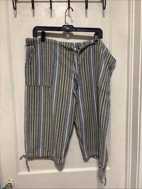 Del Mar 100% Algodon Colorful  Multi-Striped Drawstring Capris with Pockets XL